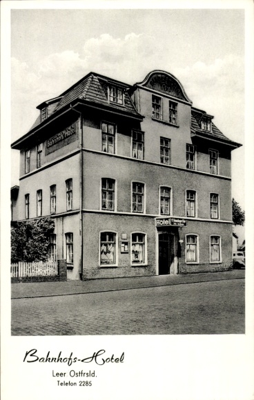 Postcard Leer in East Frisia, train station hotel