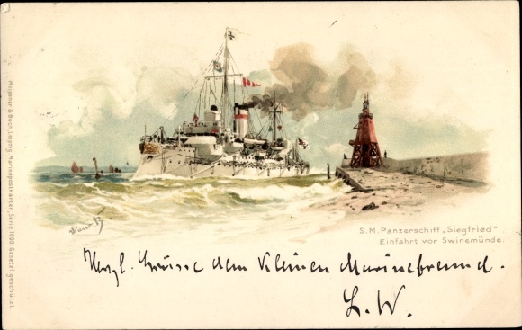 Artist Chromo-Litho Bohrdt, Hans, Swinemünde, German warship, SMS Siegfried, battleship