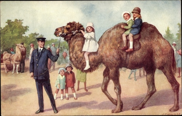 Artist PC London Zoological Garden, camel, children riding, llama