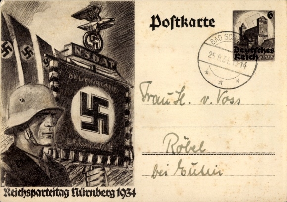 Postal stationery Postcard Reichsparteitag Nuremberg 1934, NSDAP standard