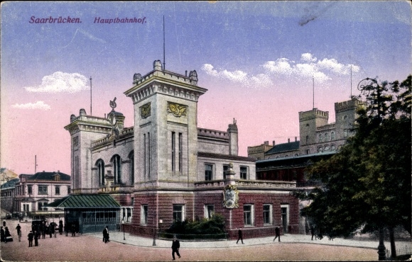 Postcard Saarbrücken, main station