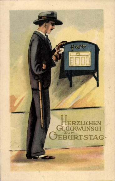 Postcard birthday greetings, man sends letter, mailbox