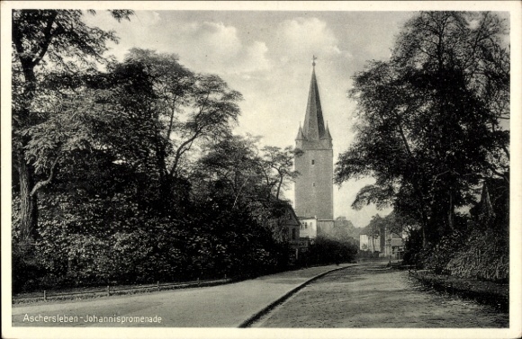 Ak Aschersleben im Salzlandkreis,  Johannispromenade, Kirchturm, Bäume, Landschaft, Straße