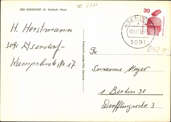 Postcard Asendorf in der Nordheide, department store, school, church tower
