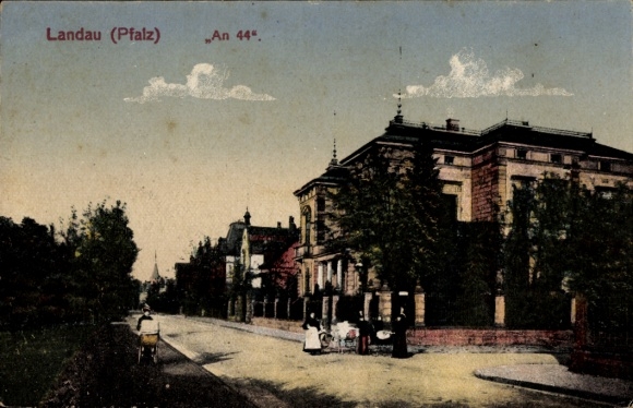 Postcard Landau in der Pfalz, front view of buildings, trees and a road