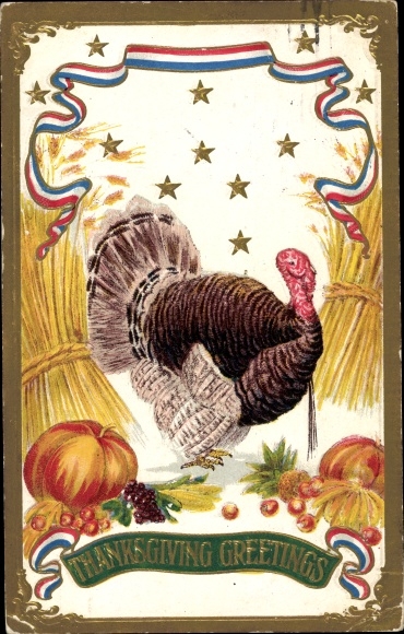 Litho Thanksgiving, Truthahn, Kürbis, Strohbündel