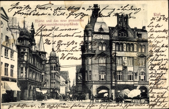 Postcard Kiel, market, the new Prussian life insurance building