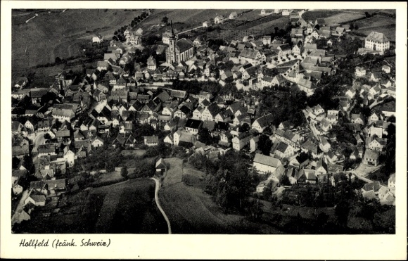 Postcard Hollfeld in Franconian Switzerland, aerial view of many houses and church