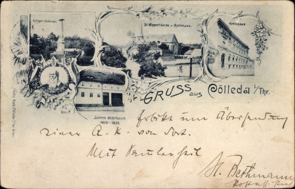 Ak Cölleda Kölleda in Thüringen, Kreishaus, Rathaus, Jahns Wohnhaus, Kriegerdenkmal