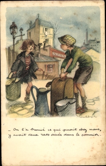 Artist PC Poulbot, Francisque, boy at the water pump, girl comes with a bucket