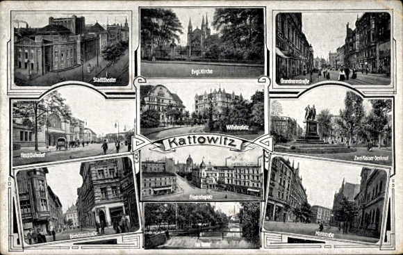 Ak Katowice Kattowitz Oberschlesien, Hauptbahnhof, Zwei-Kaiser-Denkmal, Mühlstraße, Stadttheater