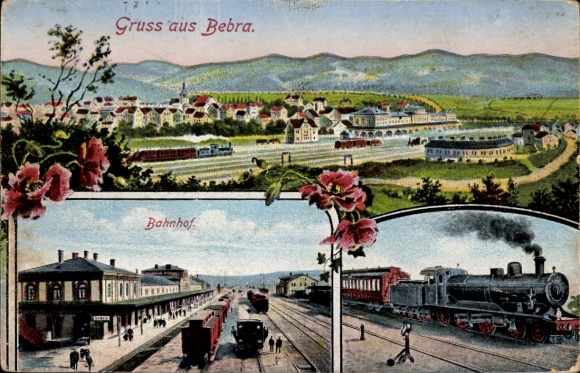 Postcard Bebra on the Fulda in Hesse, train station, track view, panorama, locomotive, steam locomotive
