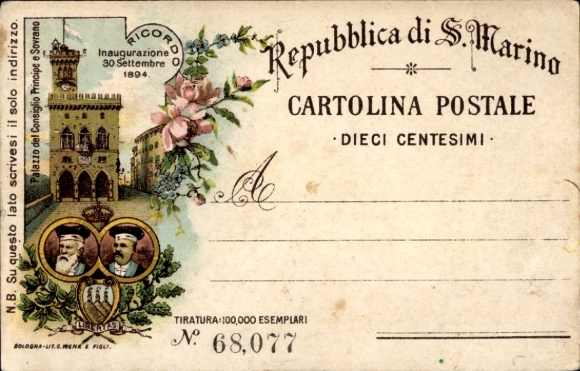 lito San Marino, Palazzo del Consiglio Principe e Sovrano, inauguracja 1894