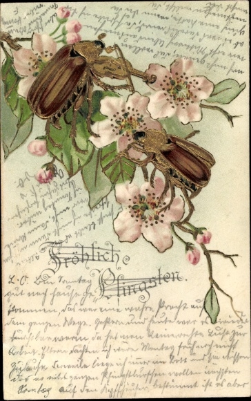Glitter embossing litho congratulations Pentecost, cockchafer, violin, flowering tree