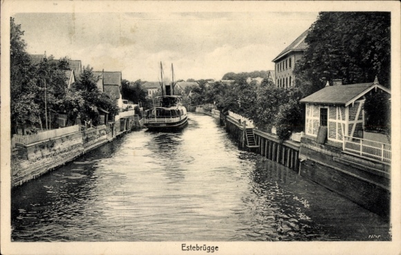 Postcard Estebrügge Jork in the Altes Land, river section, steamer