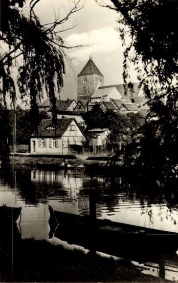 Postcard Plau Mecklenburg, Elde, church tower
