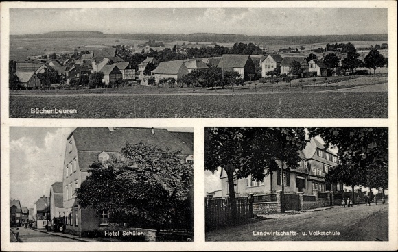 Postcard Büchenbeuren in the Hunsrück, hotel students, agricultural and elementary school, long shot