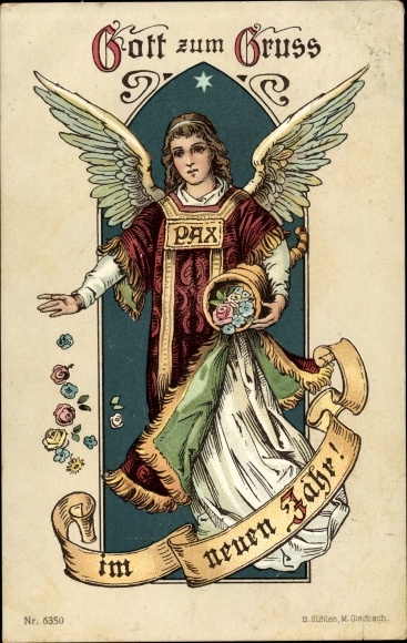 Postcard Happy New Year, Guardian Angel, Cornucopia, Flowers, Pax, Peace