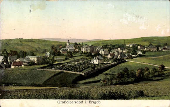 Postcard Großolbersdorf in the Ore Mountains, landscape photo, small village, sea of trees, mountain horizon