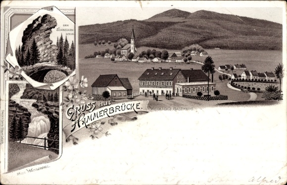 Chromo-Litho Hammerbrücke Muldenhammer in Vogtland Saxony, Schneckenstein, Weidlich's Gasthaus