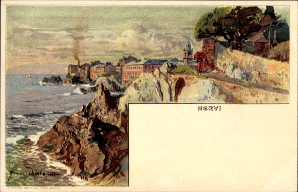Artist Chromo-Litho Wielandt, Manuel, Nervi Genova Genoa Liguria, Village, Coast