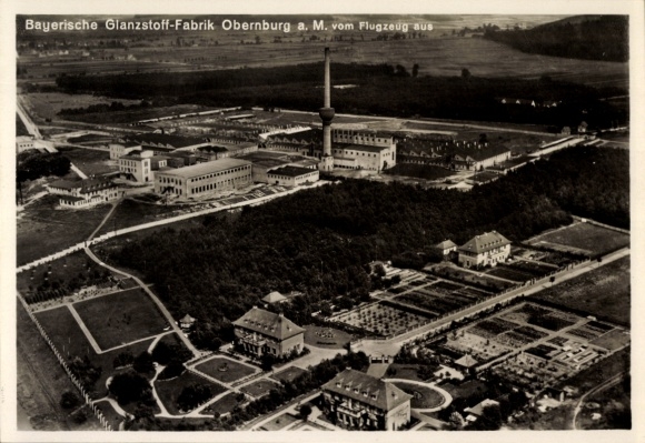 Postcard Obernburg am Main Lower Franconia, aerial photograph, Bayerische Glanzstoff-Fabrik