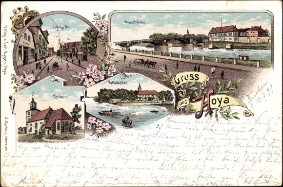 Chromo-Litho Hoya on the Weser, Weser Bridge, Lange Straße, Church, Ratskeller