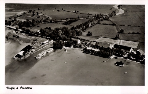 Postcard Stegen Inning am Ammersee, aerial photograph, Stegen, Ammersee, restaurant, Gasthof Schreyegg, nature