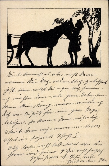 Paper cut artist Postcard Carus, girl with carriage horse
