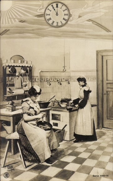 Postcard Women working in the kitchen at 11 o'clock
