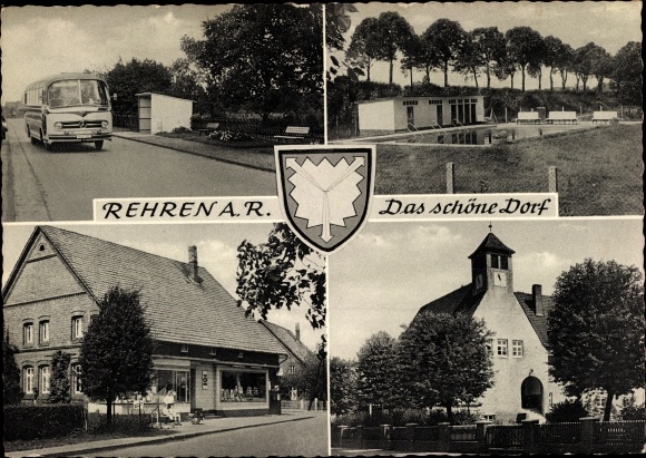 Postcard Rehren AR Hohnhorst in the district of Schaumburg, village party, shop, church, outdoor pool, bus, coat of arms