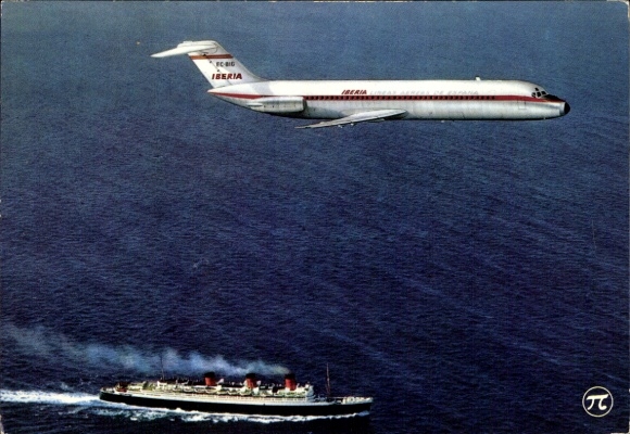 Postcard Spanish passenger plane, Iberia, Douglas DC 9, over the sea, passenger steamer