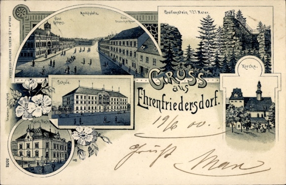 Litho Ehrenfriedersdorf im Erzgebirge, Marktplatz, Schule, Kirche, Kaiserliche Post, Greifenstein