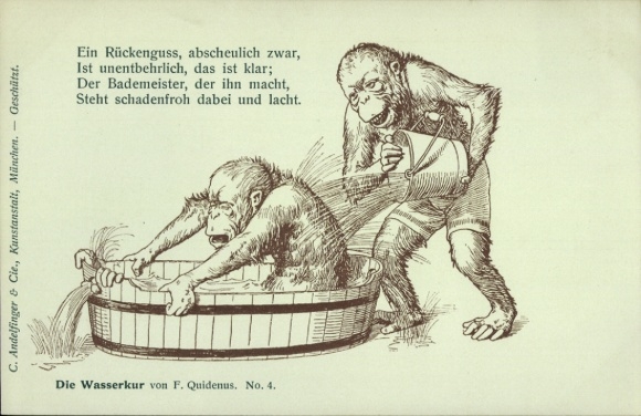Kunstenaar Ak Quidenus, Fritz, The Water Cure No. 4, gehumaniseerde apen, ruggegraat