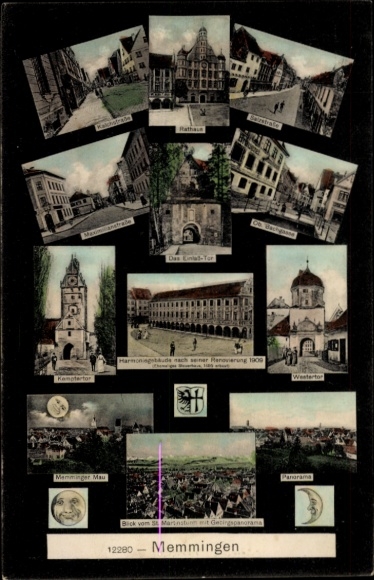 Postcard Memmingen in Swabia, Town Hall, The Einal Gate, Harmoning, Renovated 1909, Kampfertor, West...