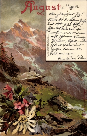 Kunstenaar litho Guggenberger, maand augustus, berglandschap, bergbloemen