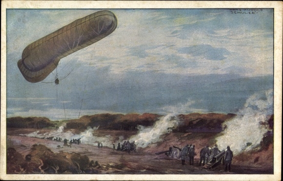Artist PC Schulze, Hans Rudolf, captive balloon of the German Air Fleet in WWI, artillery