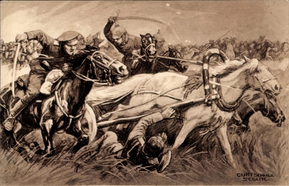 Kunstenaar ansichtkaart Schulz Steglitz, Curt, achtervolging van het Russische leger verslagen bij Tannenberg, I WW