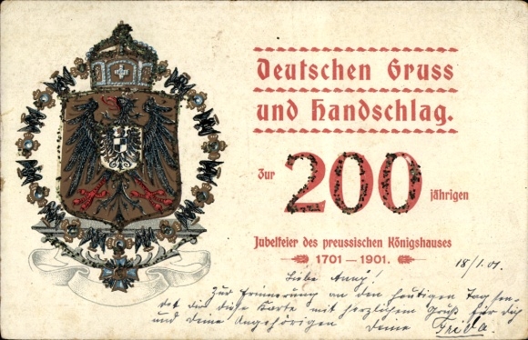 Glitter coat of arms litho German greeting and handshake, 200 years of the Prussian Royal House 1901