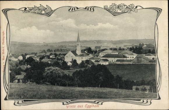 Art Nouveau passepartout PC Egglham Niederbayern, view of the place, church