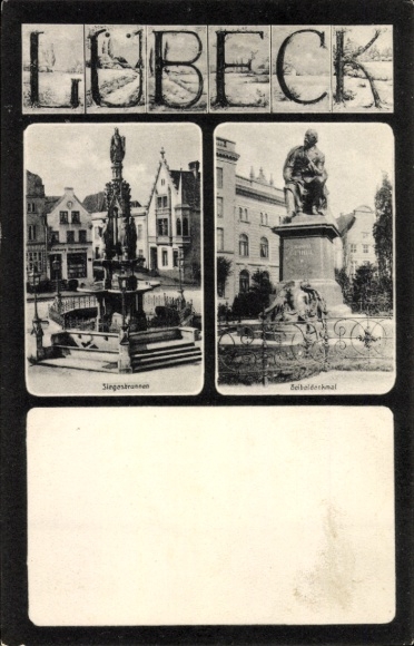 Postcard Hanseatic City of Lübeck, Singerbrunnen, Bismarck Monument