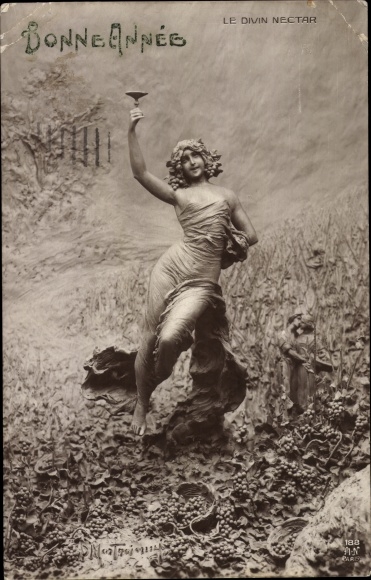 Artist Postcard Mastroianni, D., Happy New Year, sculpture, woman with champagne glass