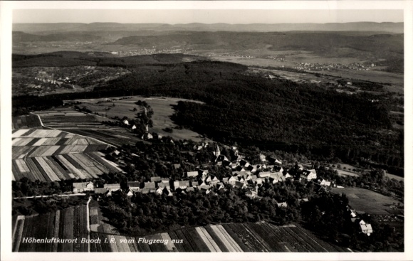 Postcard Buoch Remshalden in Baden Württemberg, aerial photograph of the mountain health resort rural area, Fe