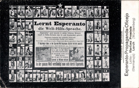 Postcard Learn Esperanto, the World Auxiliary Language, Propaganda Office, Martino Prestela, Lorch