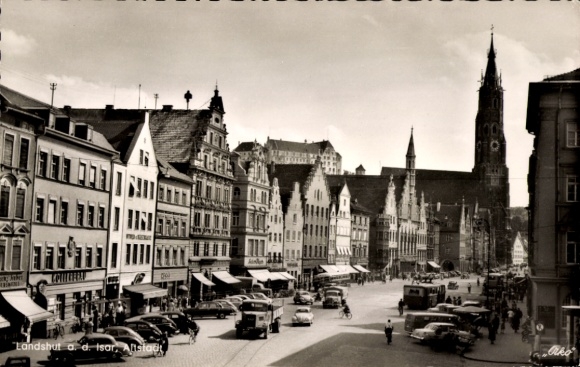 Postcard Landshut in Lower Bavaria, city view, architecture, shopping, buses