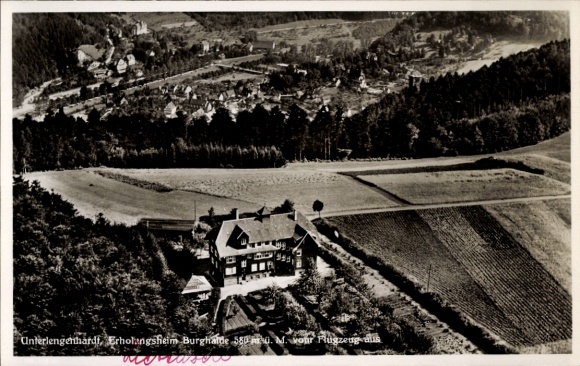 Postcard Unterlengenhardt Bad Liebenzell in the Black Forest, aerial photograph, Burghalde recreation center