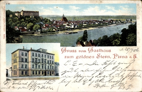 Ak Pirna an der Elbe, Stadtansicht, Gasthaus zum goldnen Stern, Flusslandschaft, 