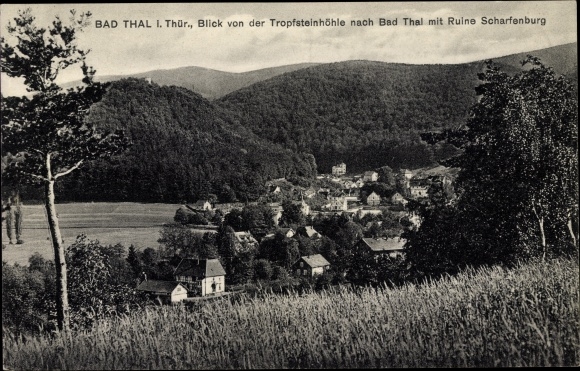 Postcard Bad Thal Ruhla in Thuringia, place with ruins of Scharfenburg seen from the stalactite cave