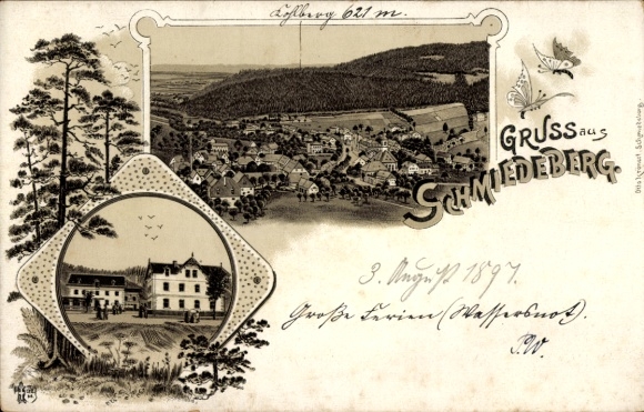 Postcard Schmiedeberg Dippoldiswalde in the Ore Mountains, rocks, forest, houses, greetings from Löfberg 621 m.