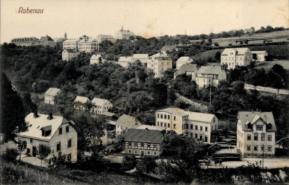 Postcard Rabenau in the Ore Mountains, city view, houses, mountains, black and white,